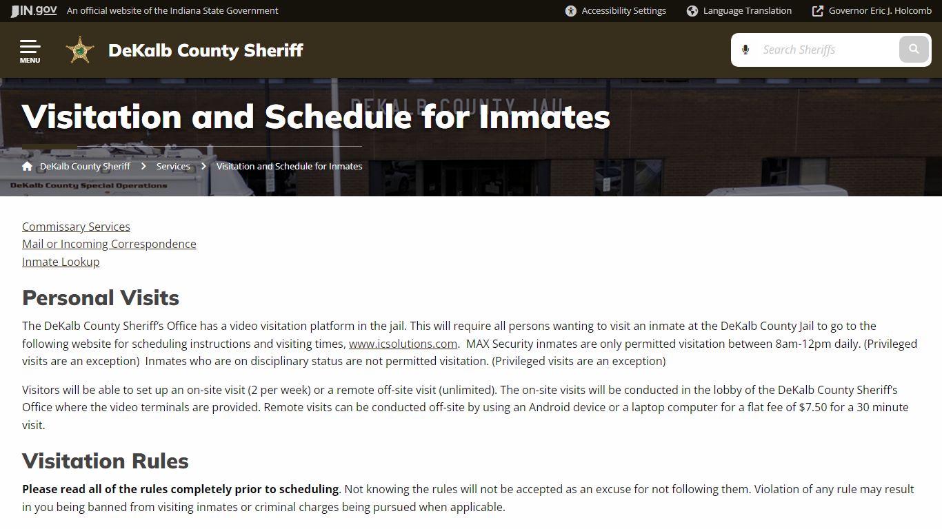 DeKalb County Sheriff: Visitation and Schedule for Inmates - IN.gov